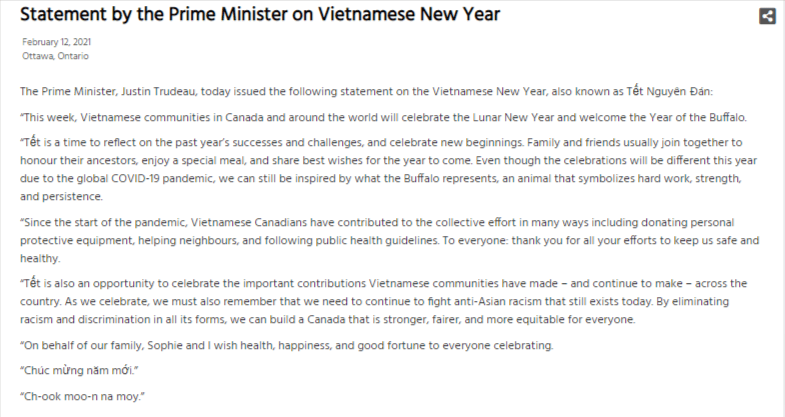 Statement by the Prime Minister on Vietnamese New Year Prime Minister of Canada
