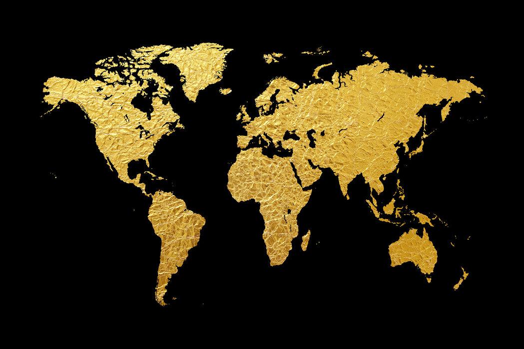 gold world map with black background