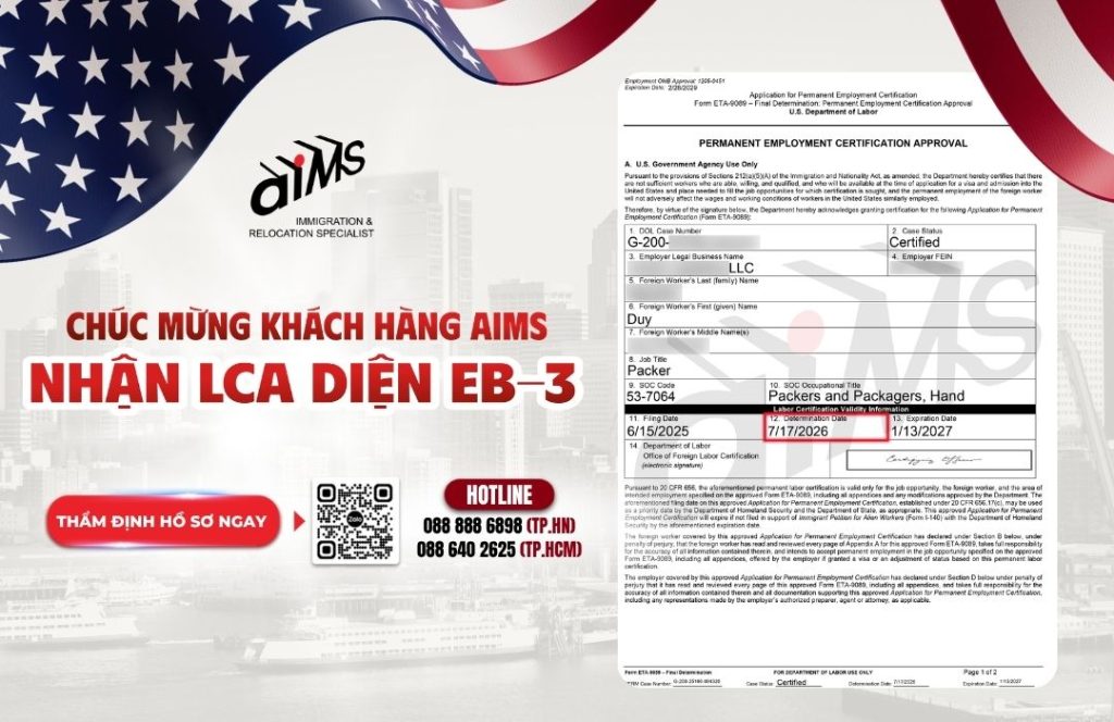 Khách hàng của AIMS thành công nhận chấp thuận LC – Labor Certification cho hồ sơ EB-3 với vị trí Nhân viên đóng gói